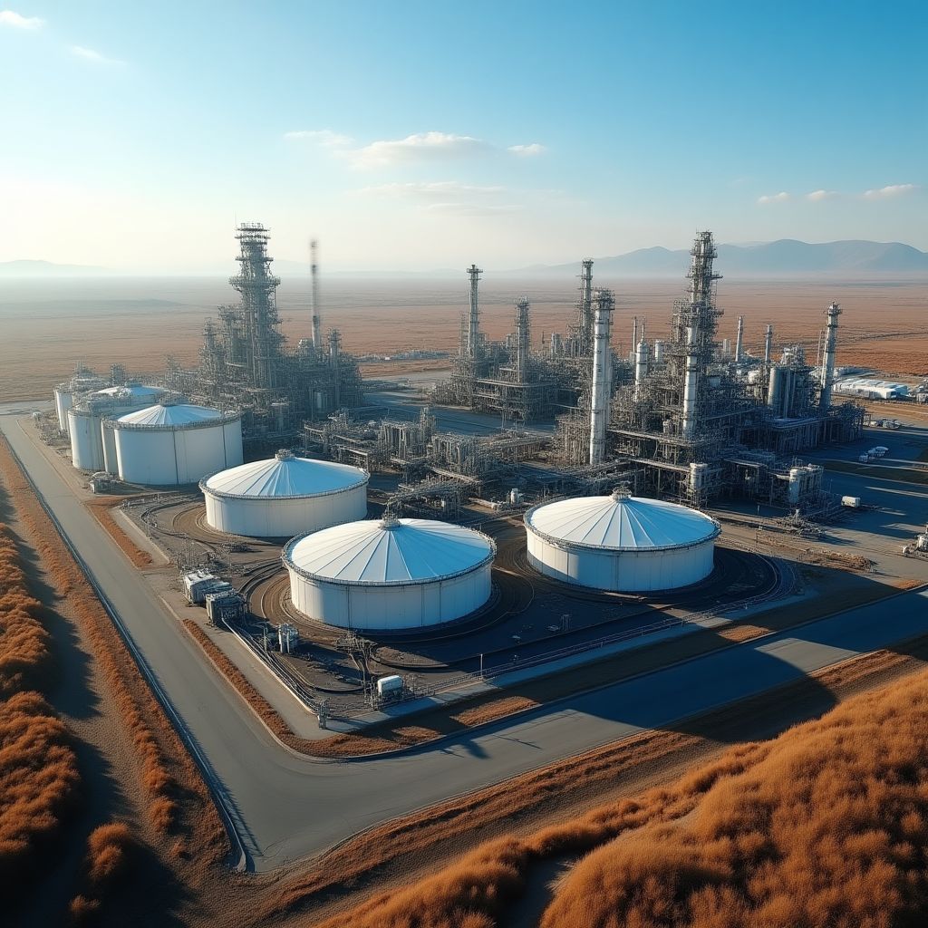 Infraestructura moderna de YPF con refinería y plataformas